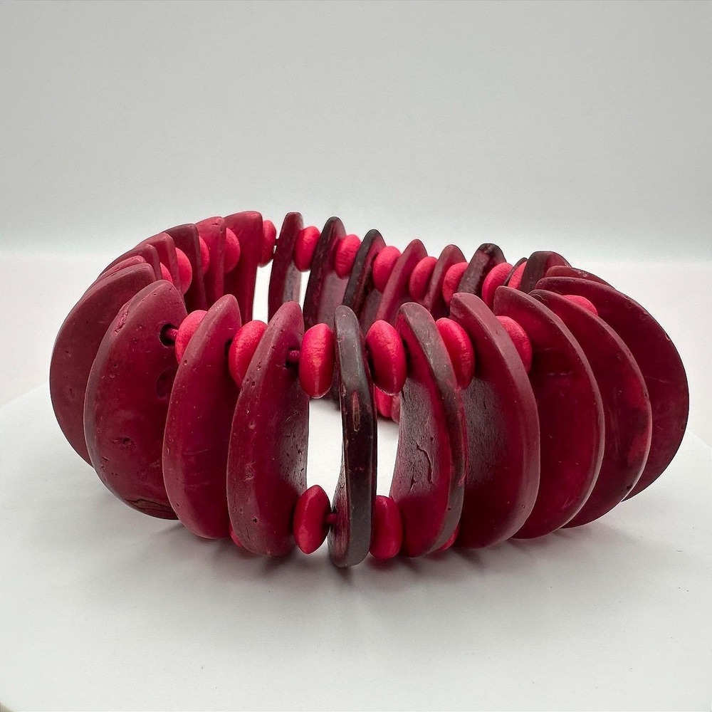 Vintage Y2K Tagua Nut Wood Bead Stretch‎ Bracelet Fuchsia Pink Statement Jewelry